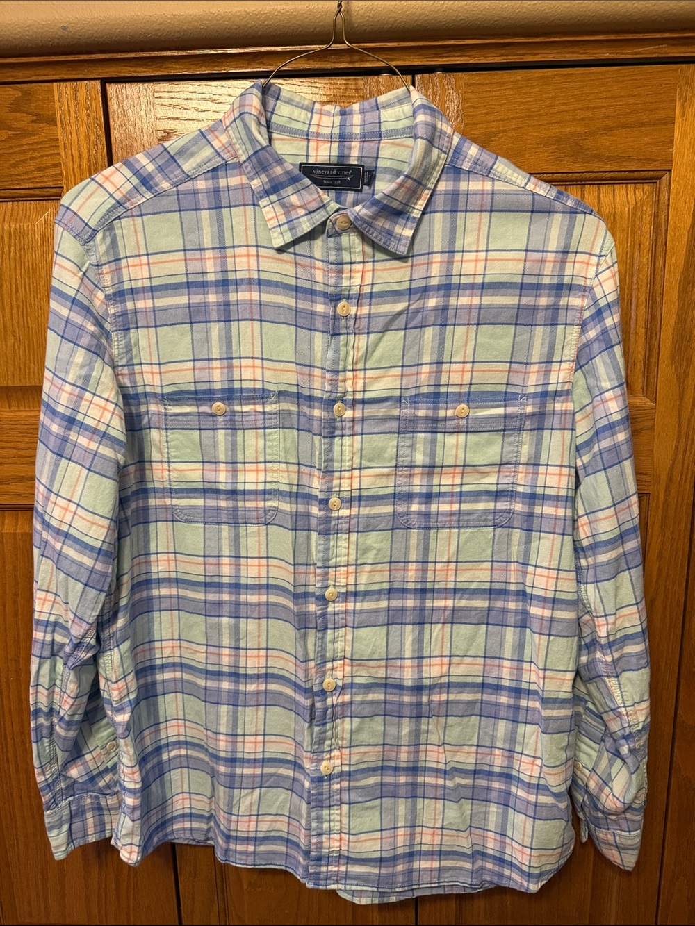 Vineyard Vines Men's Blue & Mint Plaid Button-Down Shirt-XL